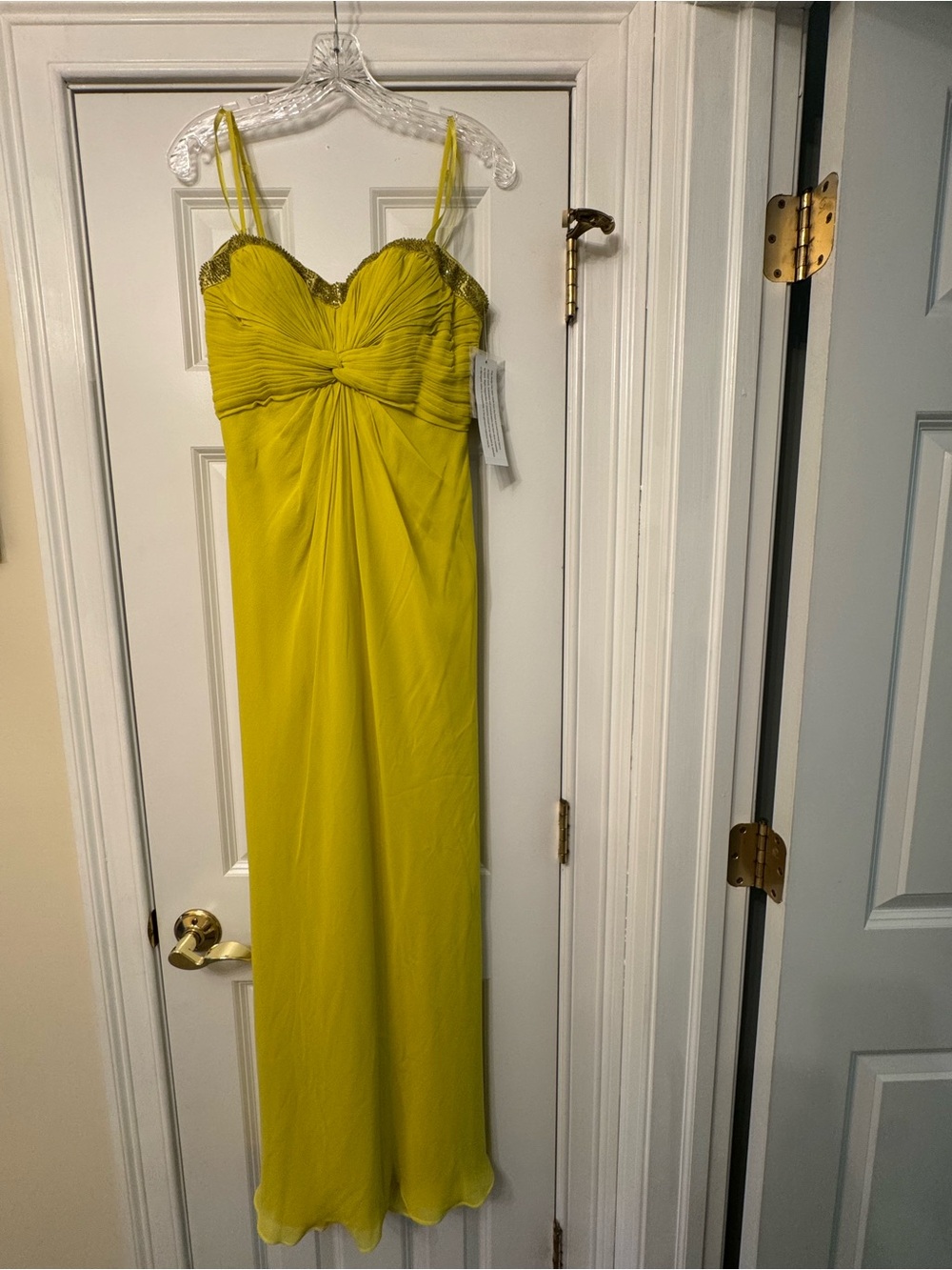 Aidan Mattox Lemon Yellow Spaghetti-Strap Evening Gown